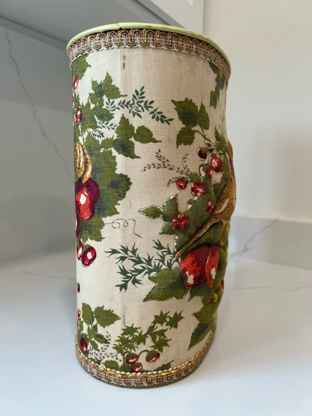 Vintage 1970s JL Clark Padded Fabric Watebasket- Birds & Floral Cottagecore